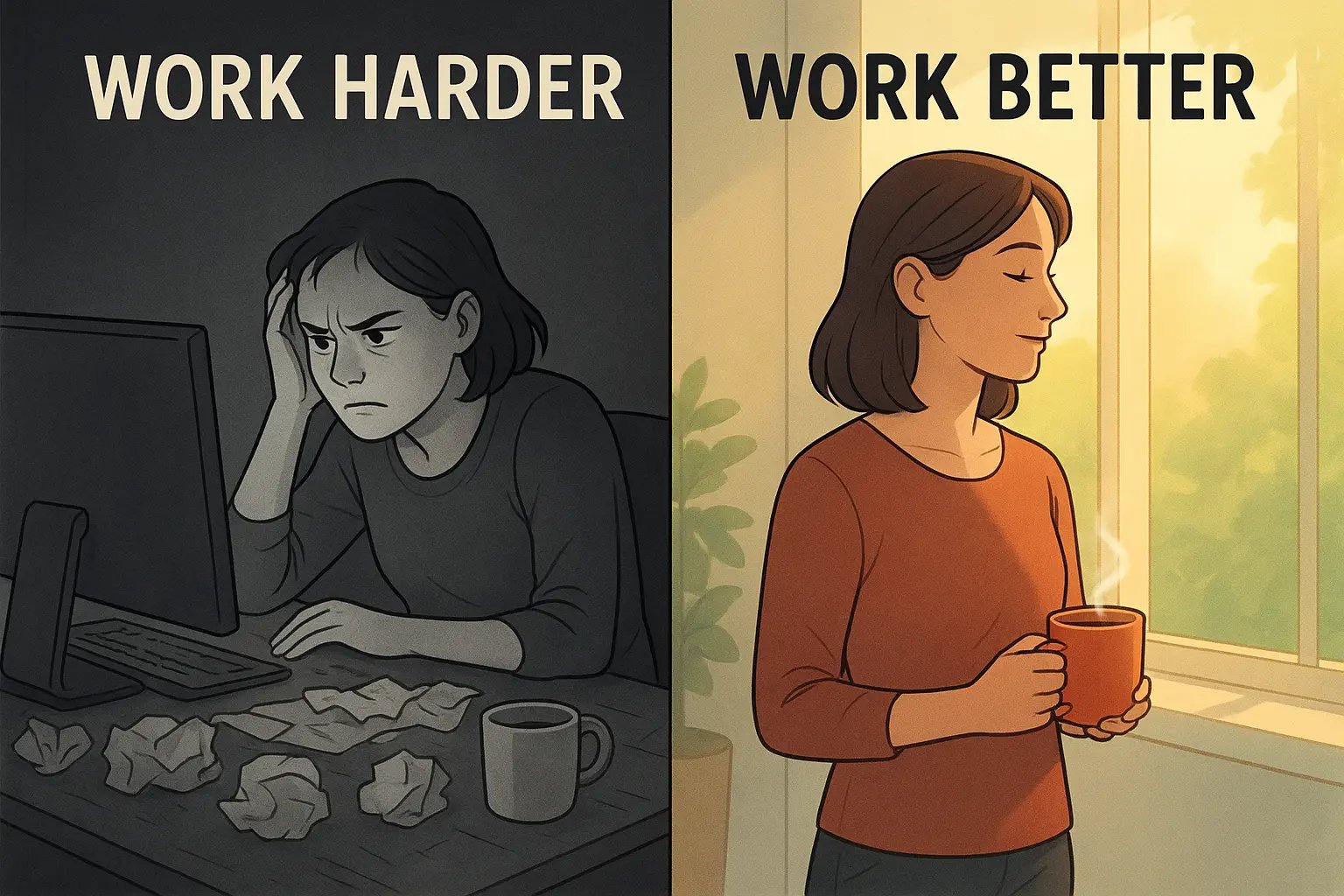 Woman at window taking mindful pause with tea, contrasting with stressed woman at messy desk, illustrating working better not harder.