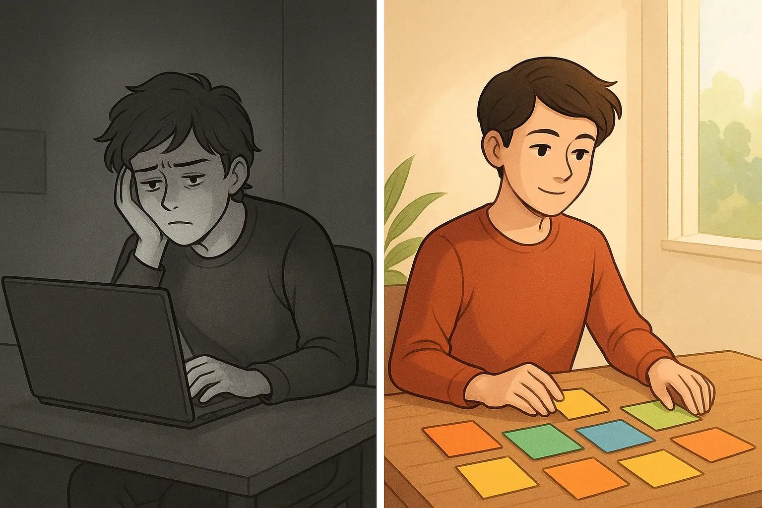 Split illustration showing stressed student at blank screen versus confident student organising colourful notecards on desk.