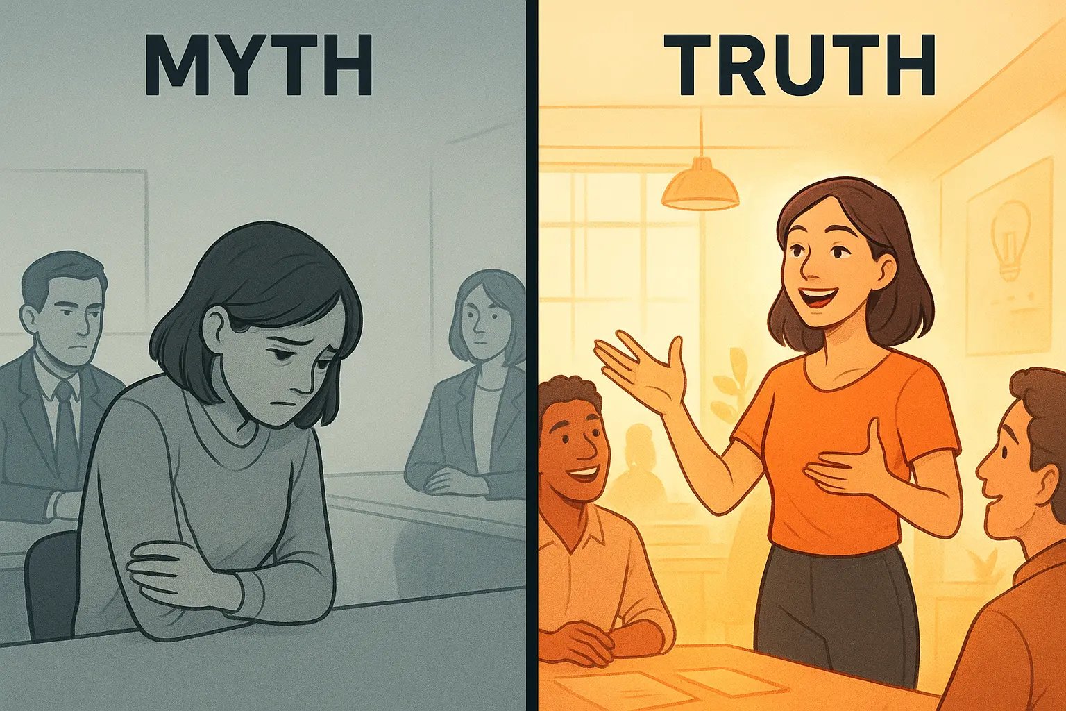 Side-by-side comparison of a woman hiding her authentic self versus confidently expressing her unique ideas and inspiring others