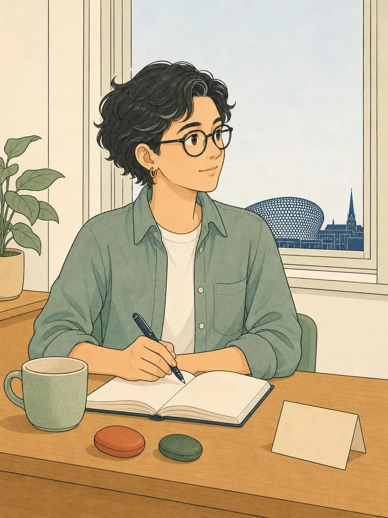 Ligne-claire illustration of a student desk during exam season in Birmingham