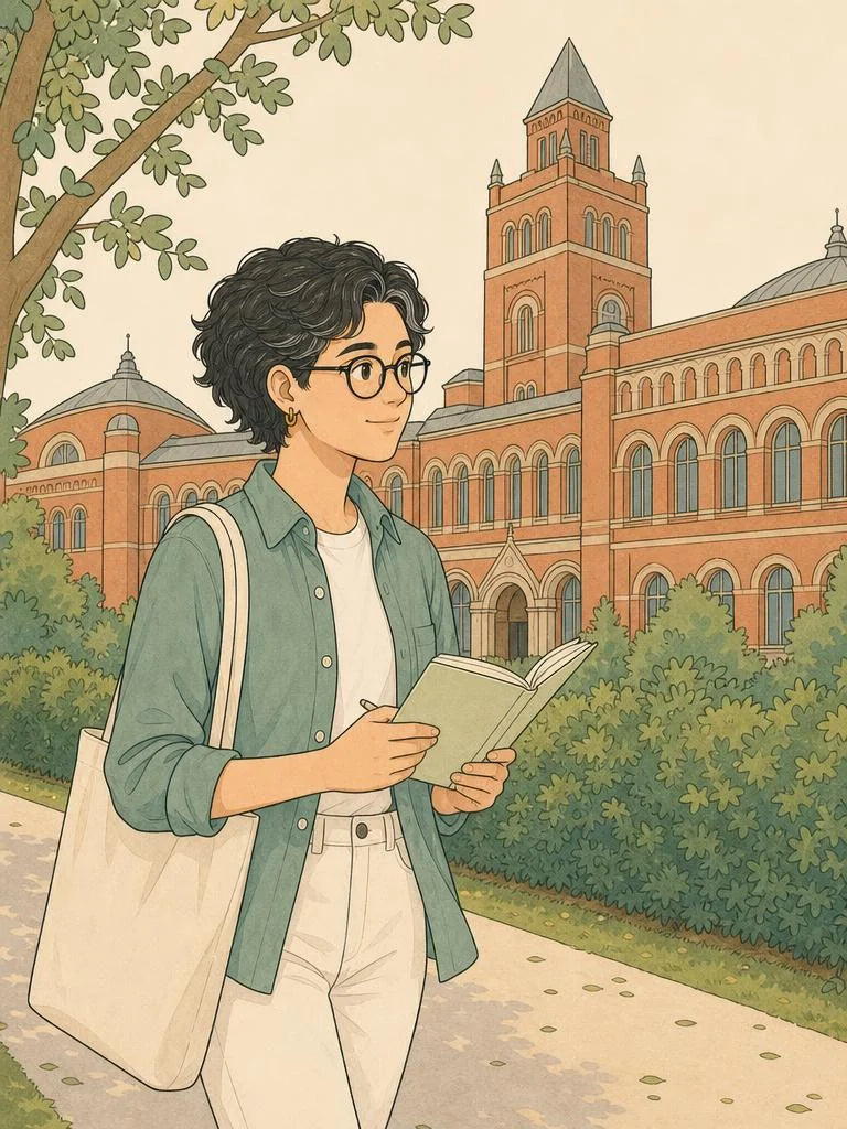 Student walking to a library during exam season in Birmingham