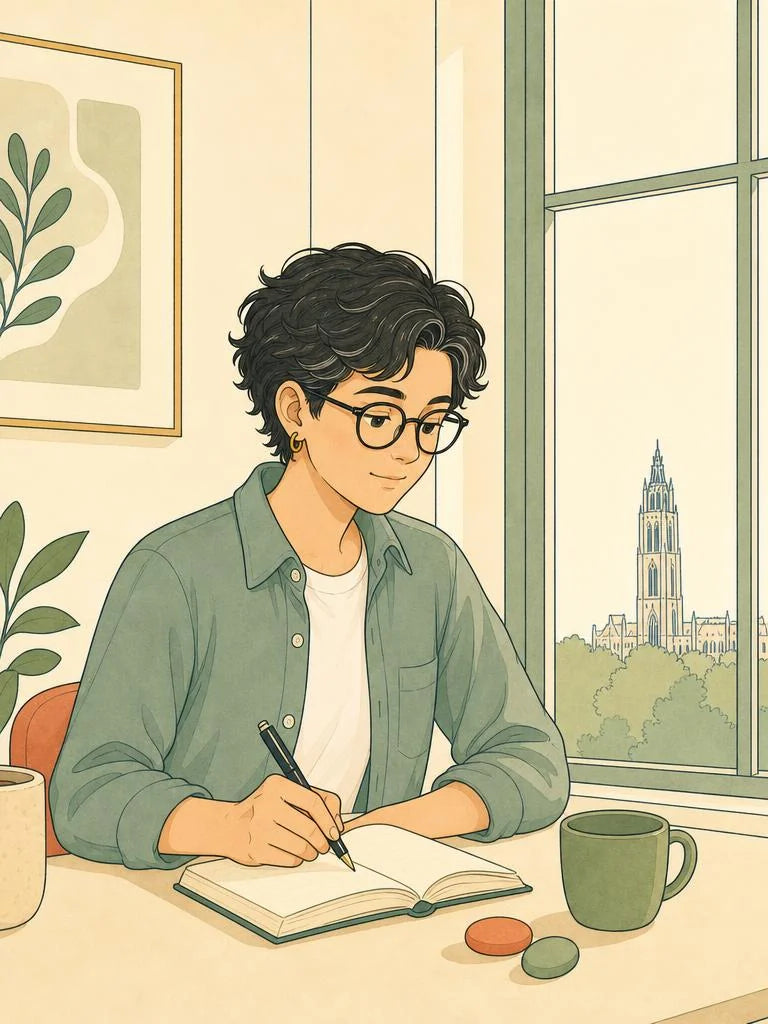 Ligne-claire illustration of a student desk during exam season in Bristol