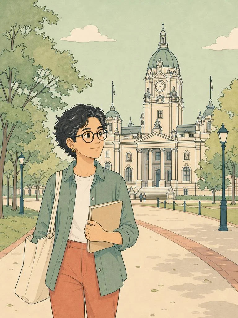 Student walking to a library during exam season in Cardiff