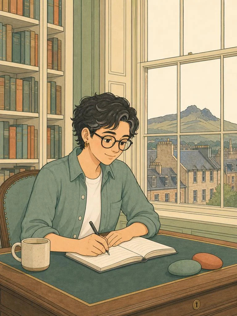 Ligne-claire illustration of a student desk during exam season in Edinburgh