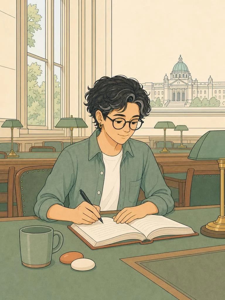 Ligne-claire illustration of a student desk during exam season in Glasgow