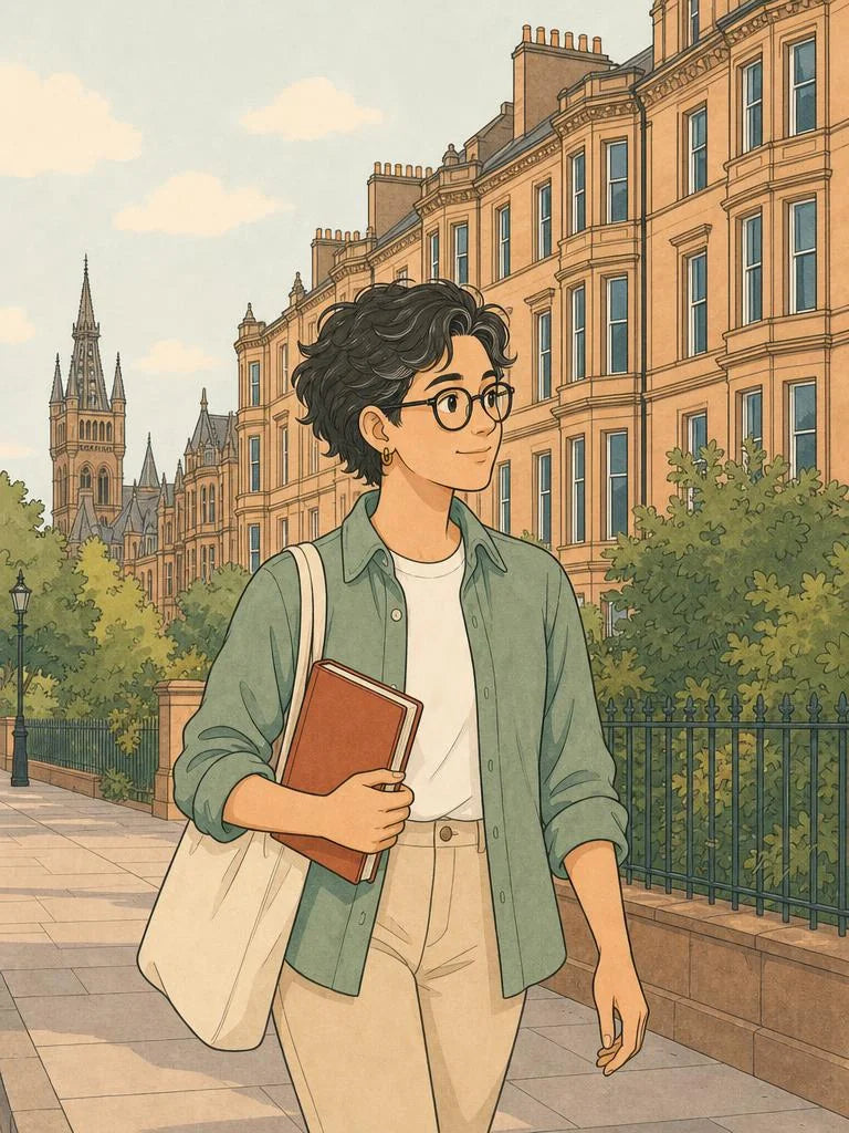 Student walking to a library during exam season in Glasgow