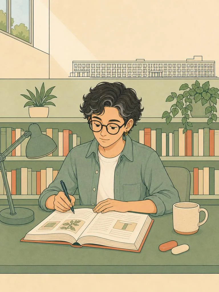 Ligne-claire illustration of a student desk during exam season in Leeds