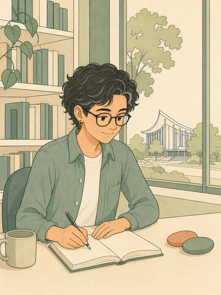 Ligne-claire illustration of a student desk during exam season in Liverpool