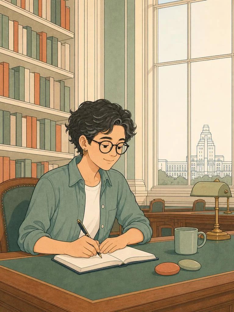 Ligne-claire illustration of a student desk during exam season in London