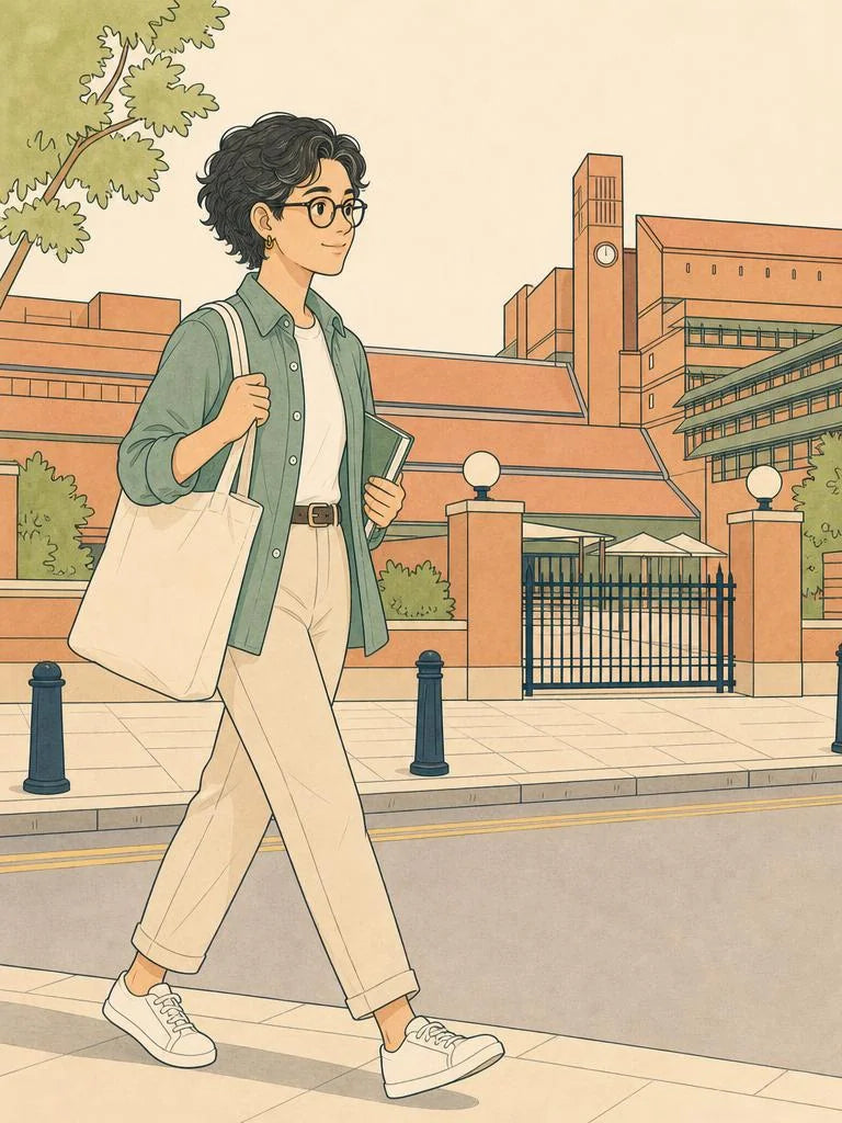 Student walking to a library during exam season in London