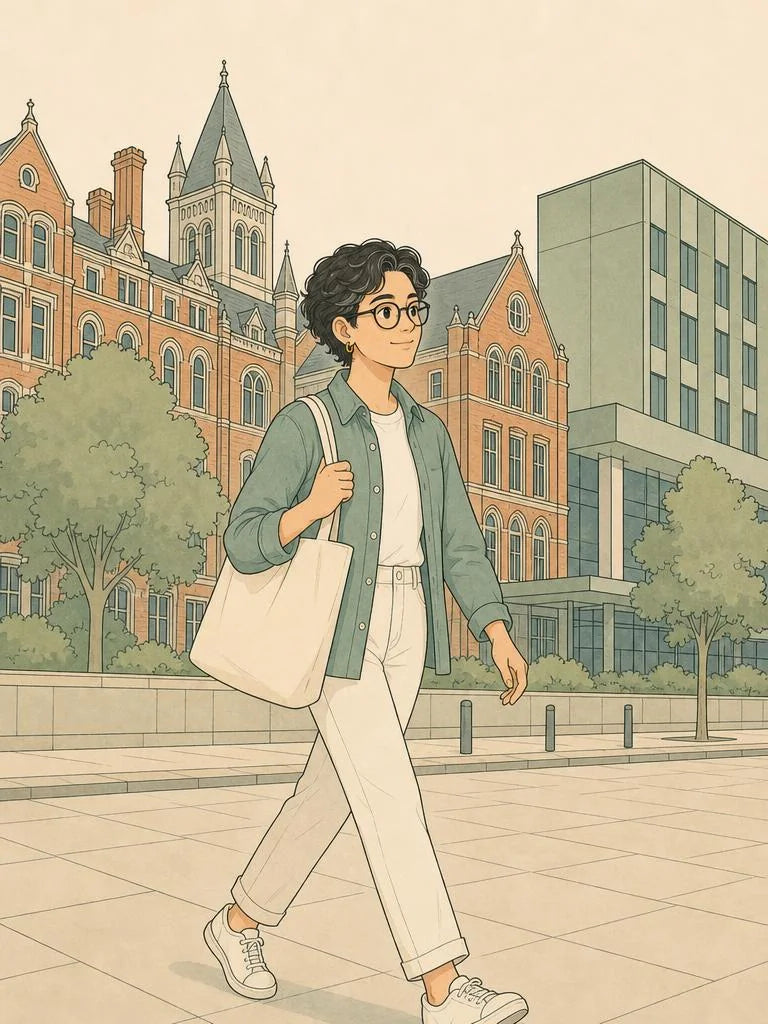 Student walking to a library during exam season in Manchester