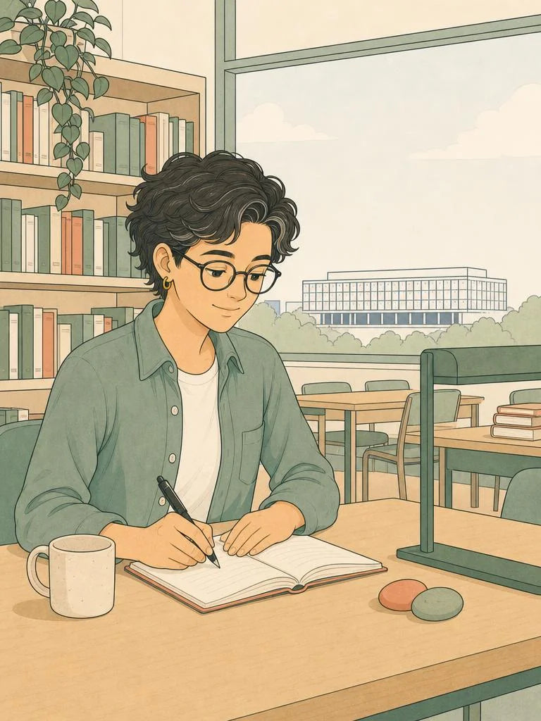 Ligne-claire illustration of a student desk during exam season in Nottingham