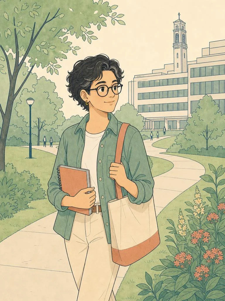 Student walking to a library during exam season in Nottingham