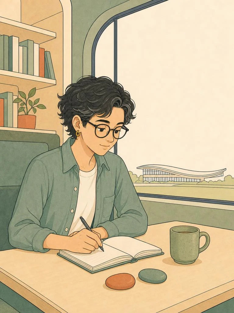 Ligne-claire illustration of a student desk during exam season in Sheffield