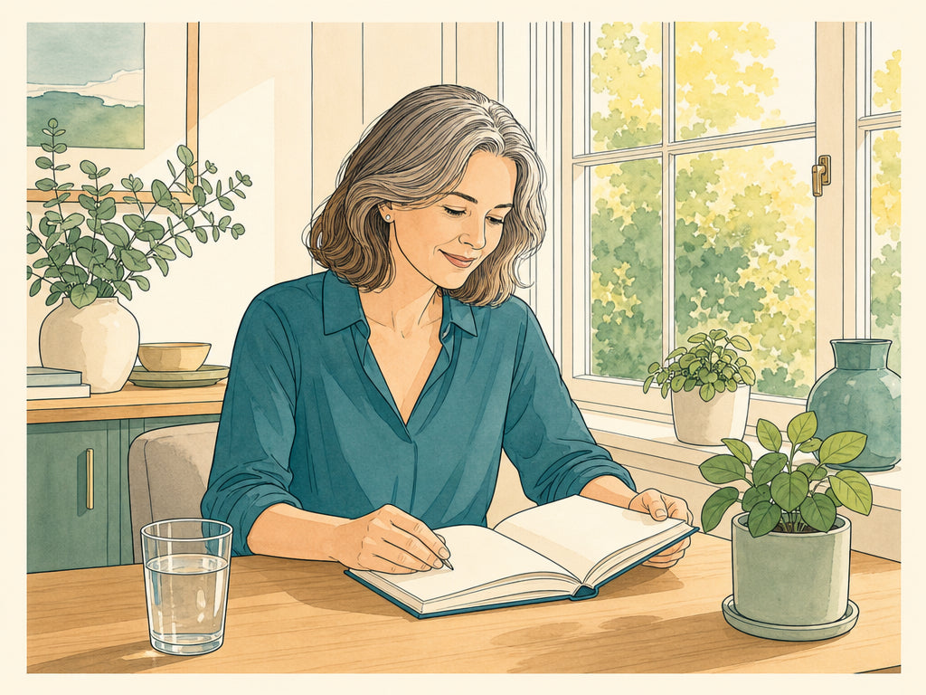 A calm, clear-headed woman reading by a bright window — steady, focused everyday support from FOCUS ELITE